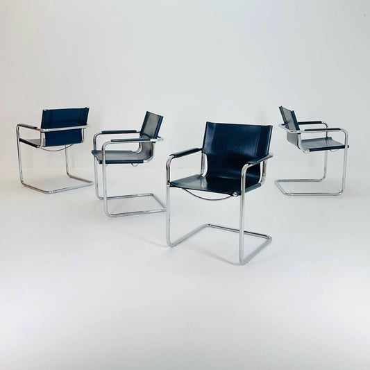 set of 4 Matteo Grassi original Bauhaus design Visitor model Chair dark blue / Navy Leather 1970s Italy