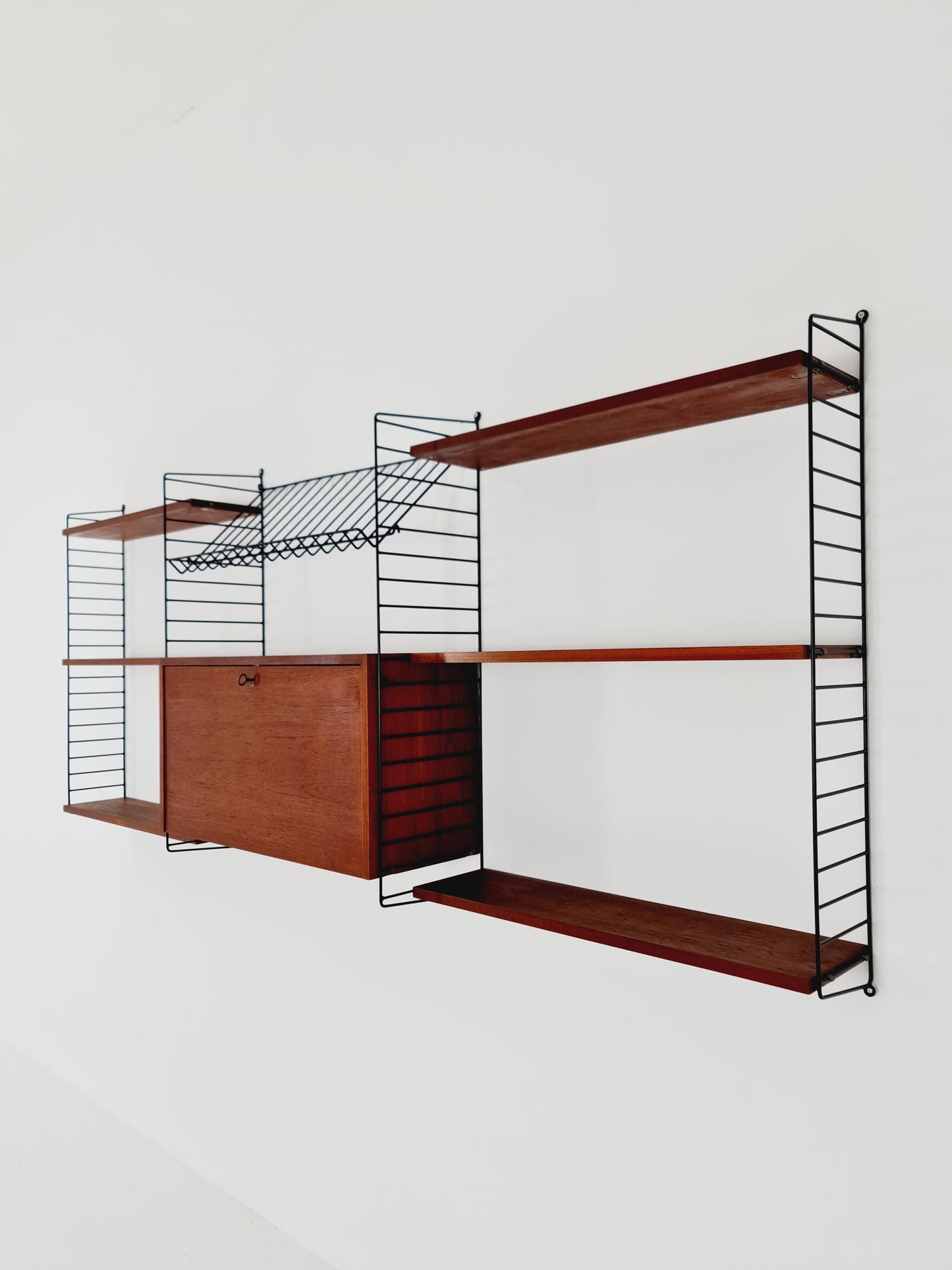 Wall-mounted original Swedish string shelf-system, drawers, bookcase teak by Nils & Kajsa Strinning, 1960s