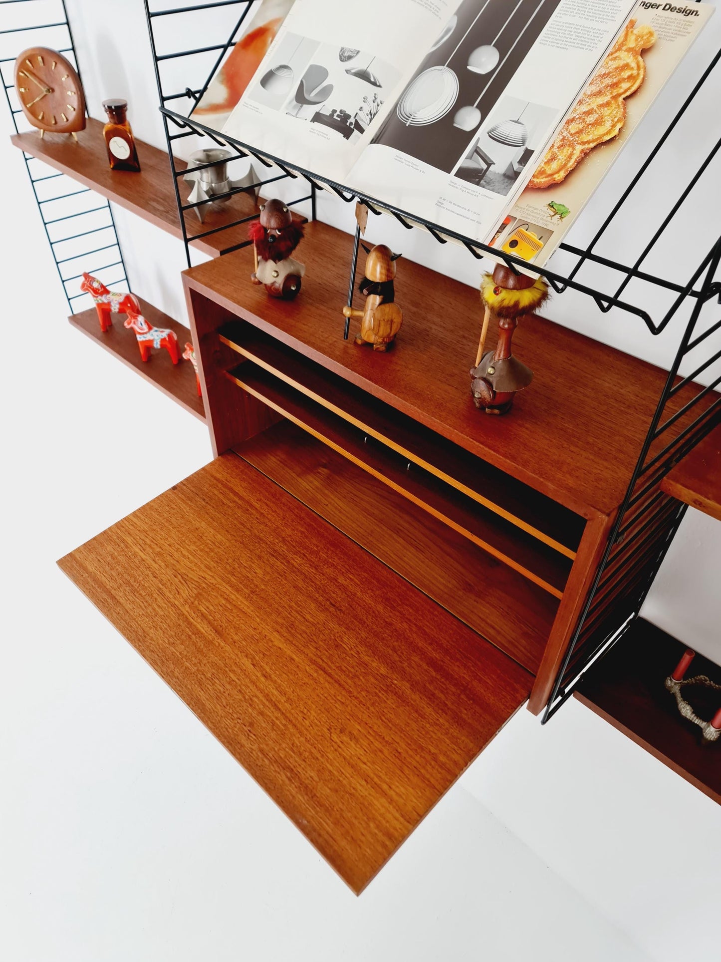 Wall-mounted original Swedish string shelf-system, drawers, bookcase teak by Nils & Kajsa Strinning, 1960s