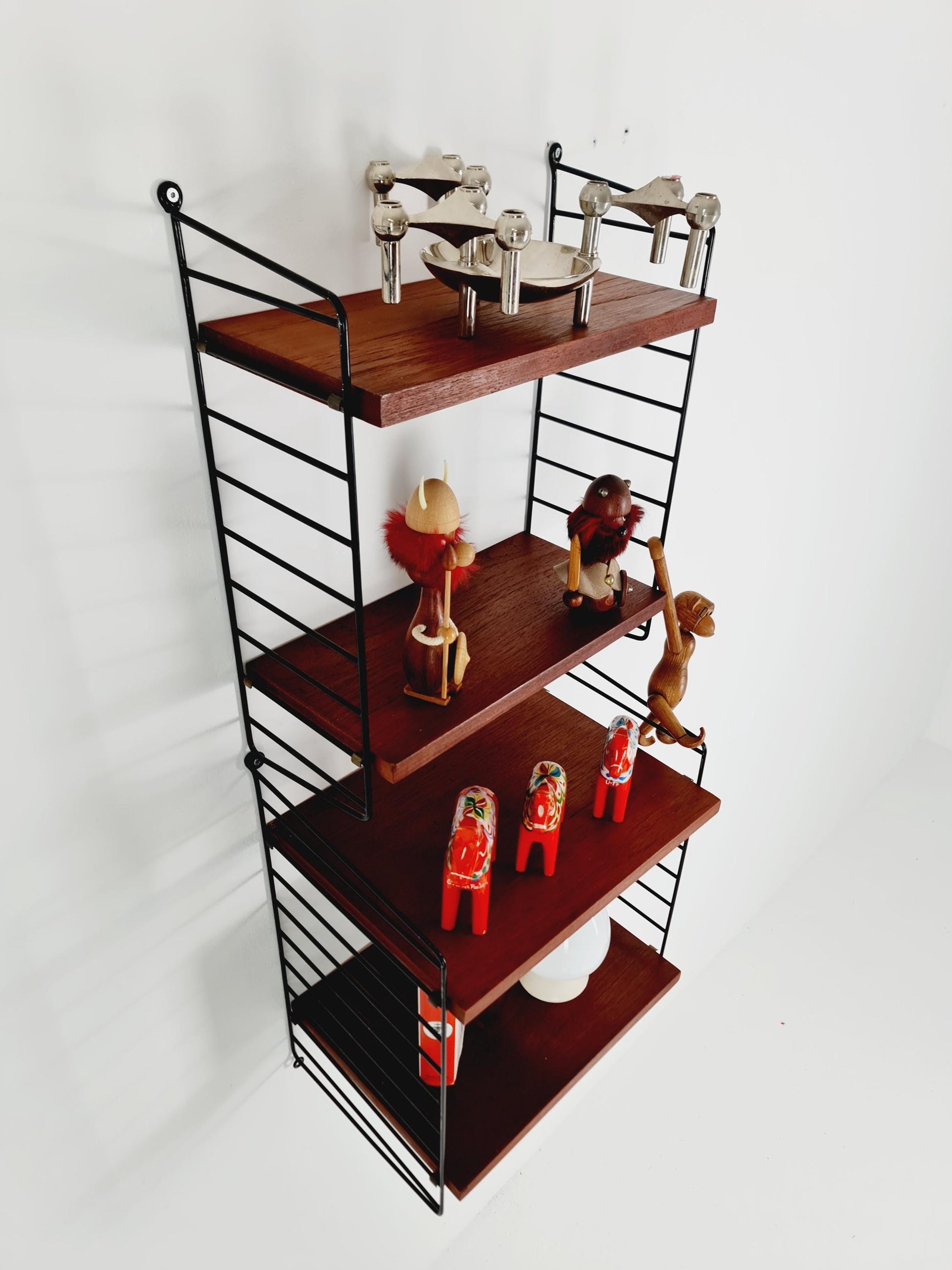 Original MCM Teak shelving system - consists of Black lacquered metal ladders, from string Stockholm 1960s