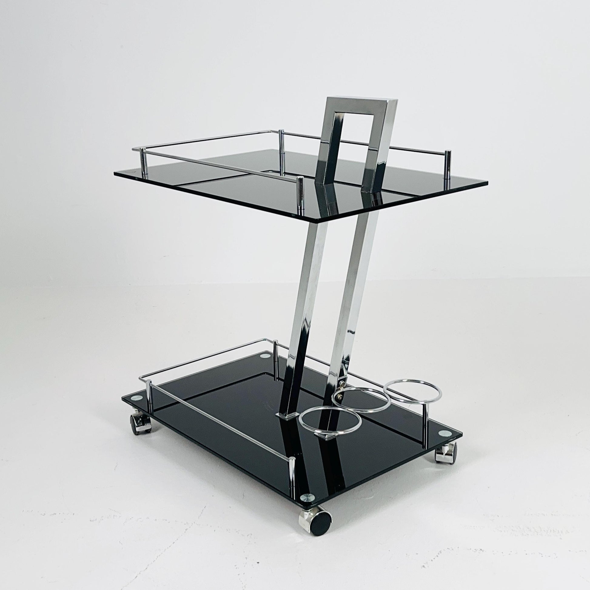 Mid century Italian Bar Cart – Black Glass & Chrome Serving Trolly, 1970s