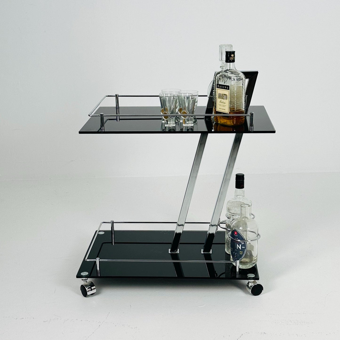 Mid century Italian Bar Cart – Black Glass & Chrome Serving Trolly, 1970s