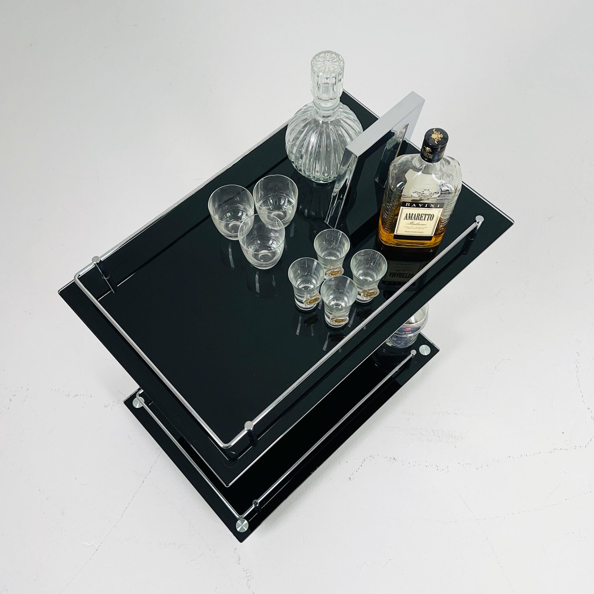 Mid century Italian Bar Cart – Black Glass & Chrome Serving Trolly, 1970s