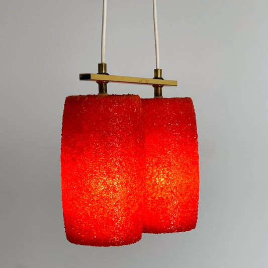 Mid-Century Modern Fiberglass Pendant Light | Dual Red-Orange Shades | 1960s