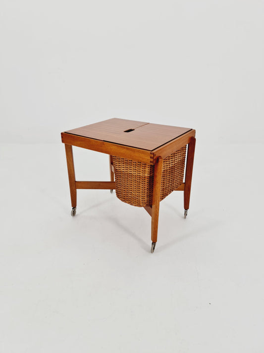 Vintage Danish teak and rattan sewing table/ side table cabinet By Asko , 1960s