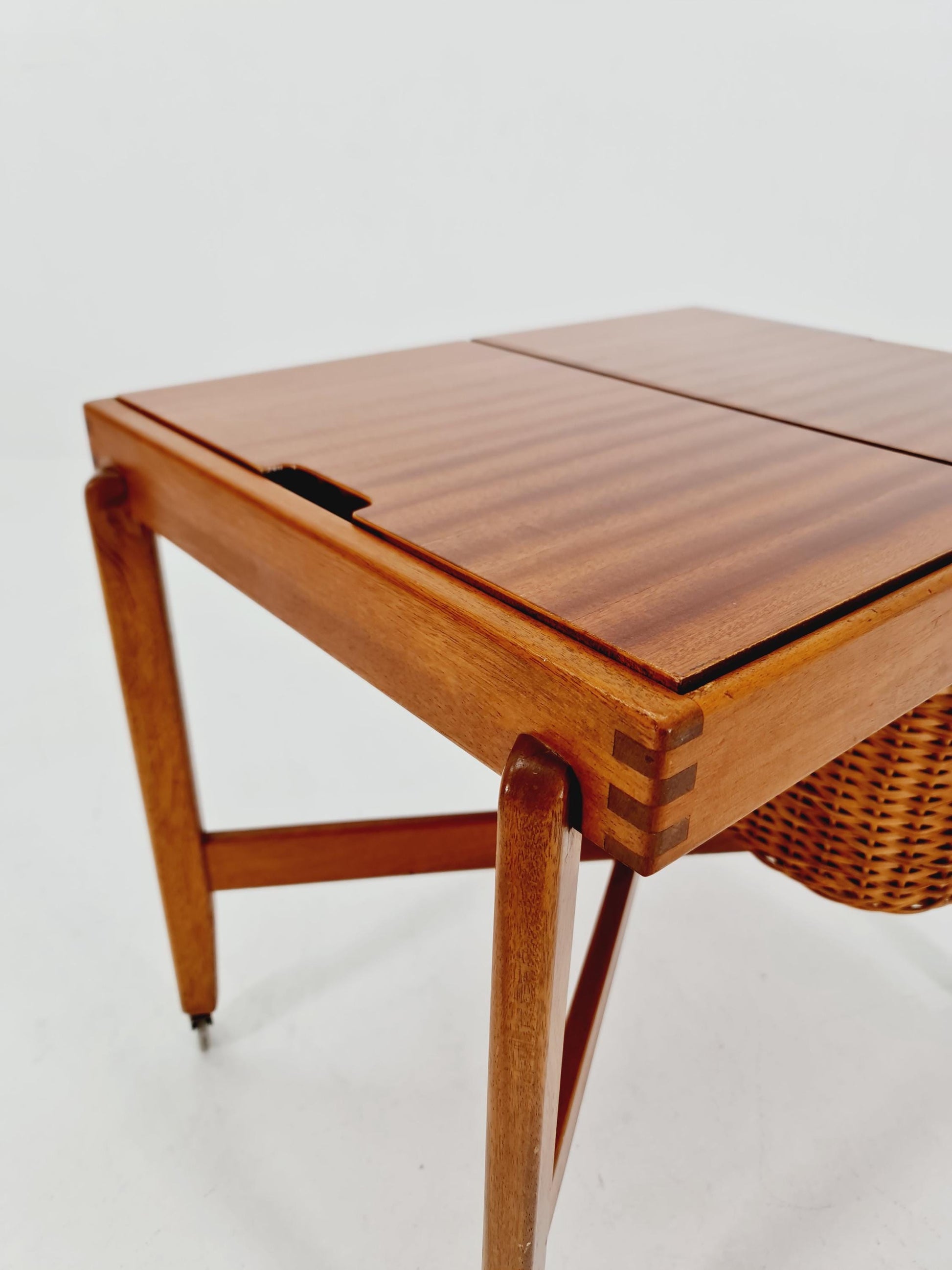 Vintage Danish teak and rattan sewing table/ side table cabinet By Asko , 1960s