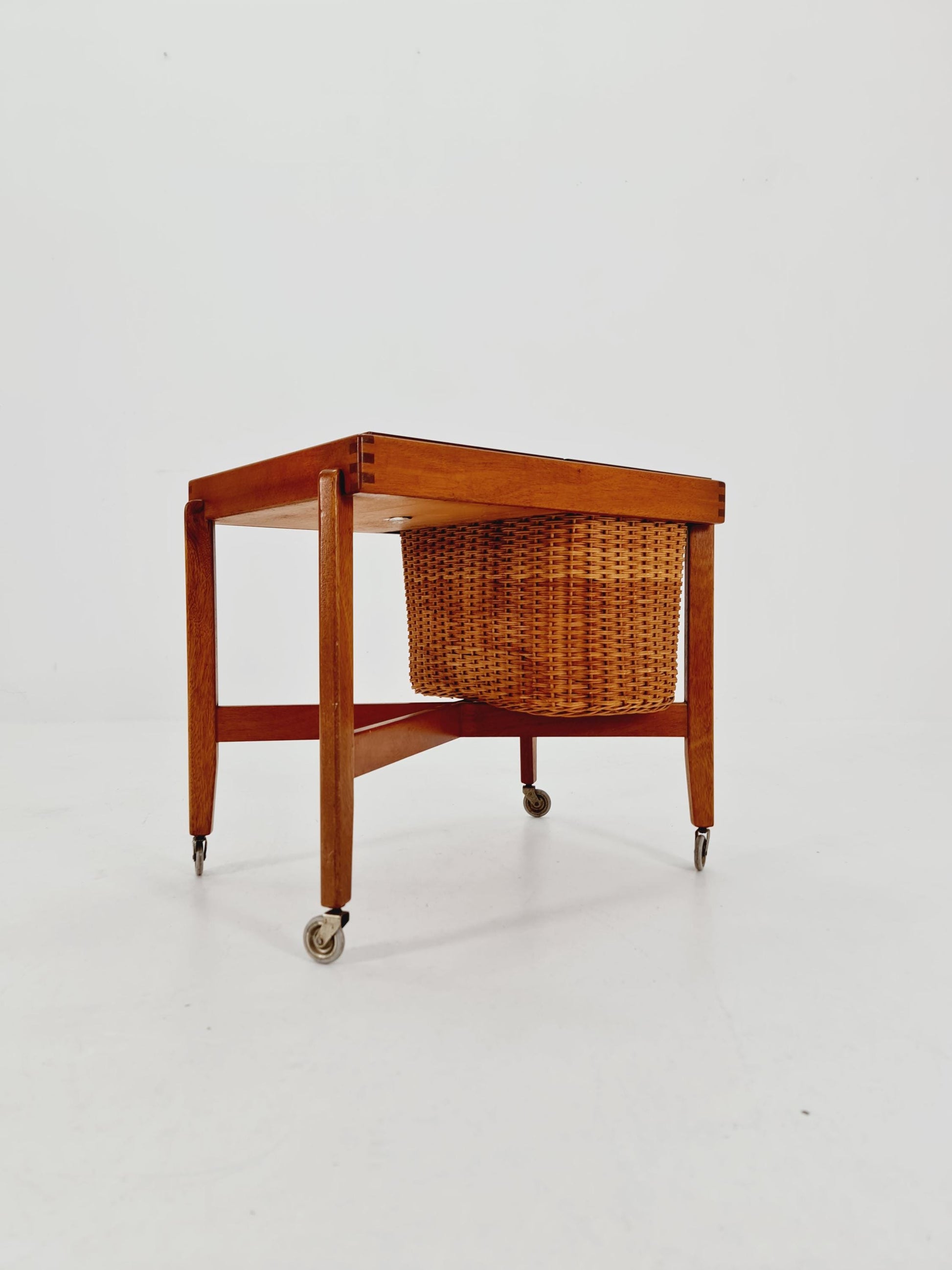 Vintage Danish teak and rattan sewing table/ side table cabinet By Asko , 1960s