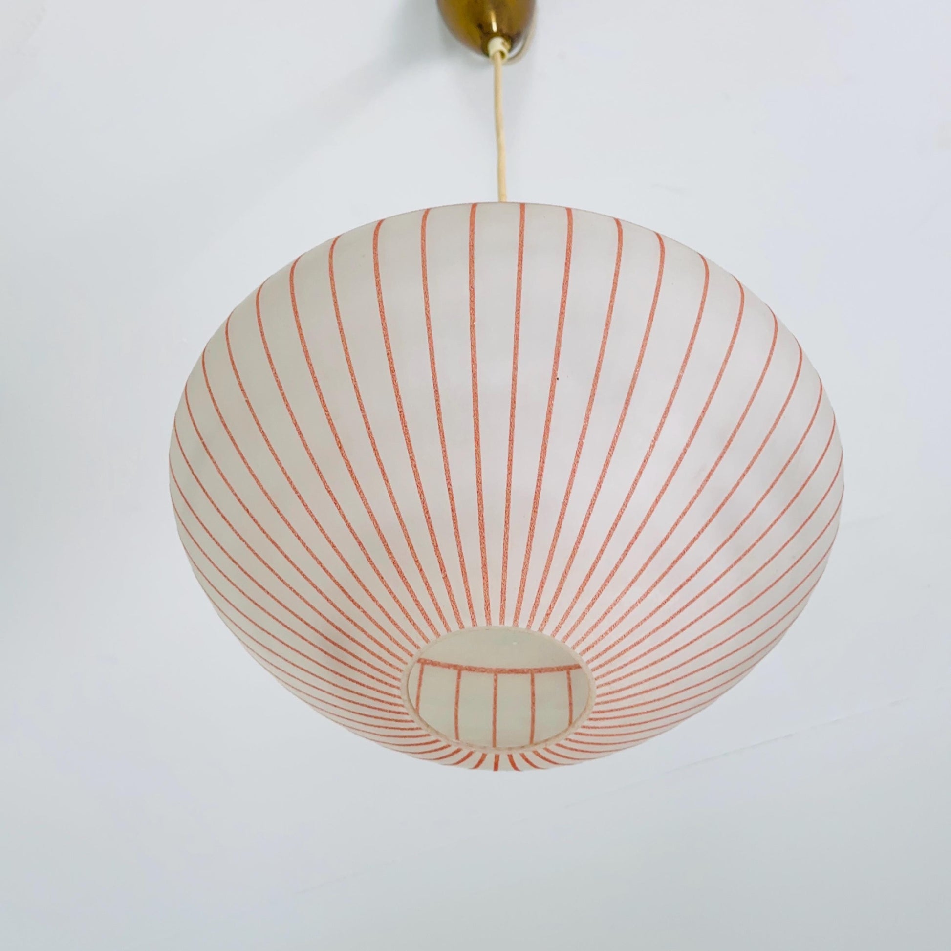 Mid century Hanging Glass Lamp, white milk glass and Red Stripes, Germany 1960s
