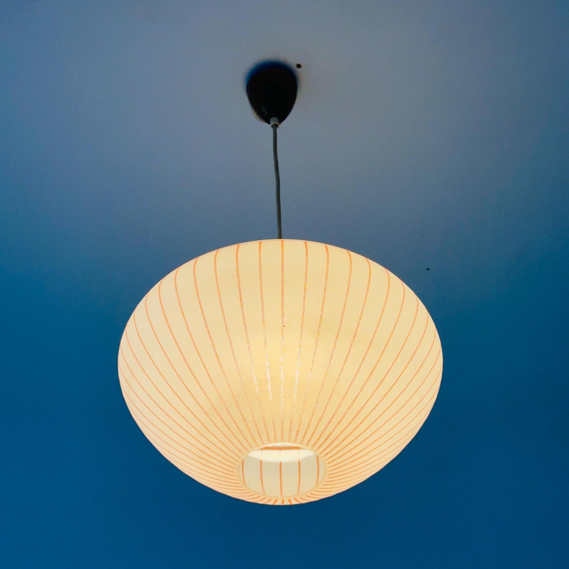 Mid century Hanging Glass Lamp, white milk glass and Red Stripes, Germany 1960s