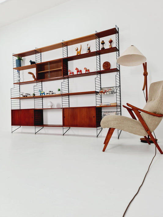 Wall-mounted original Swedish string shelf-system, bookcase teak by Nils & Kajsa Strinning, 1960s
