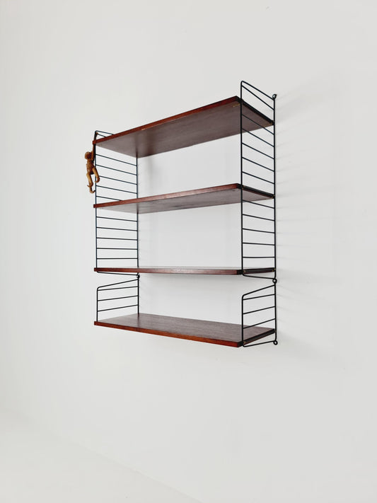 Original MCM Teak shelving system - consists of black lacquered metal ladders, from string Stockholm 1960s