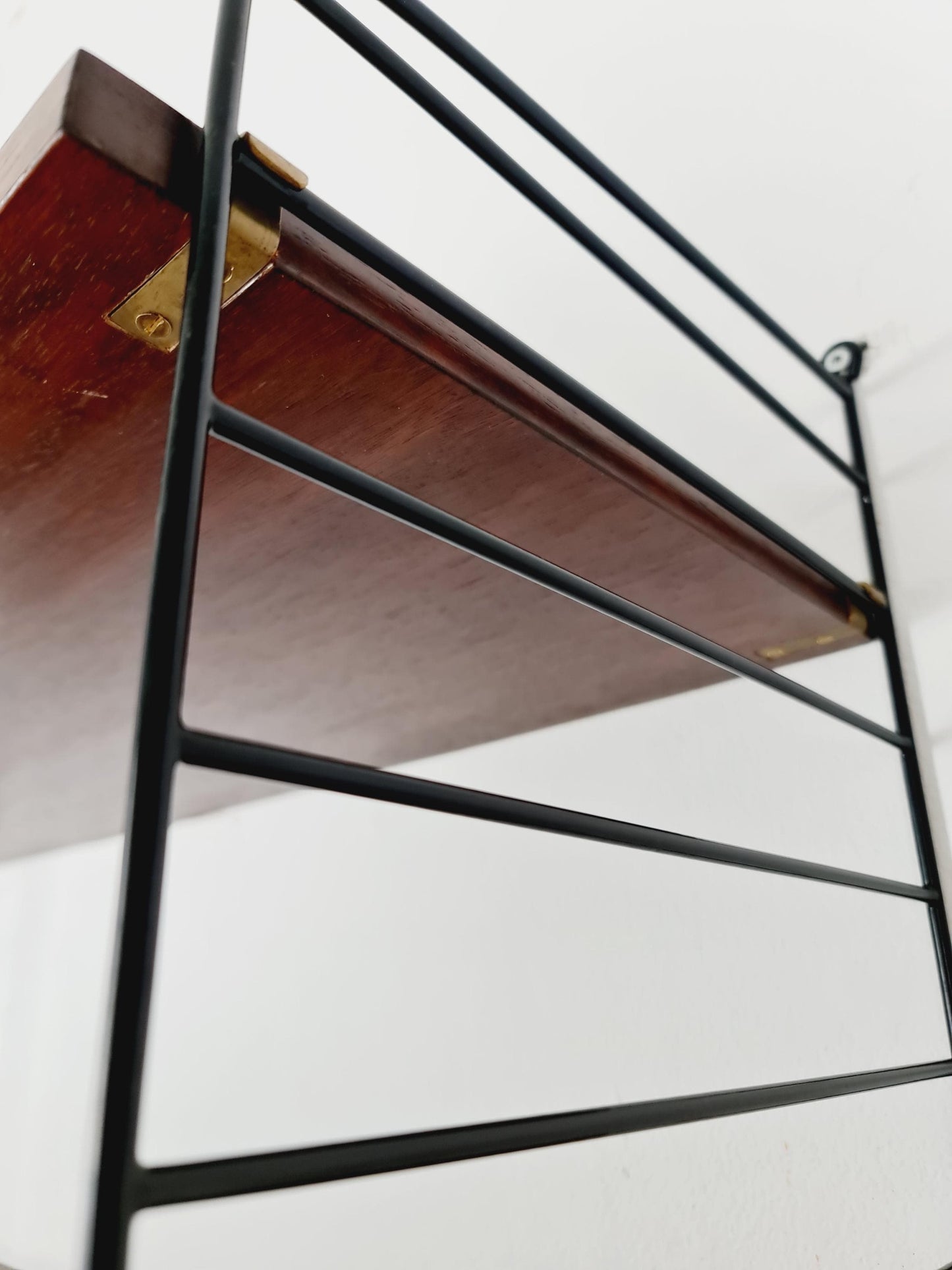 Original MCM Teak shelving system - consists of black lacquered metal ladders, from string Stockholm 1960s