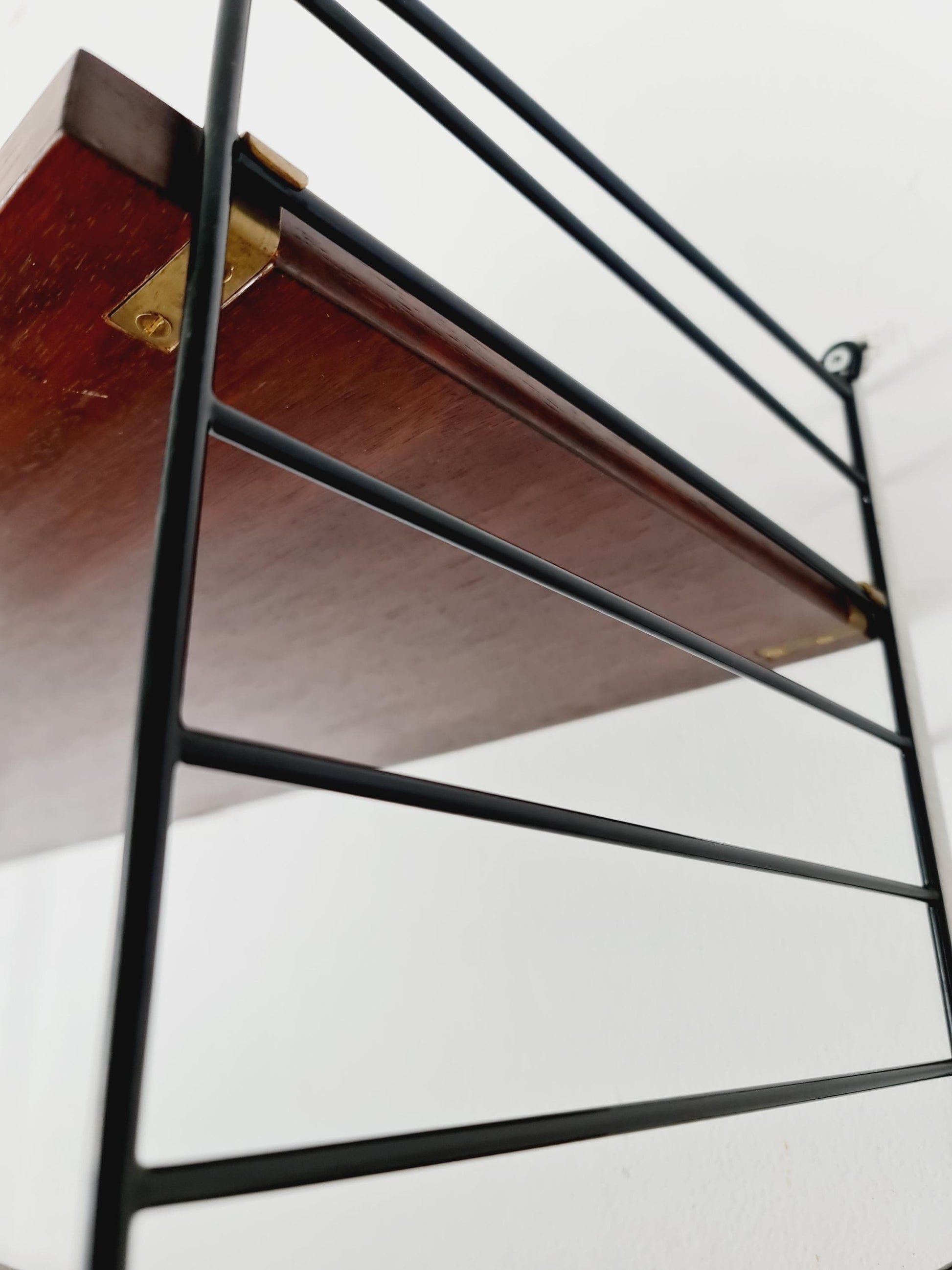 Original MCM Teak shelving system - consists of black lacquered metal ladders, from string Stockholm 1960s