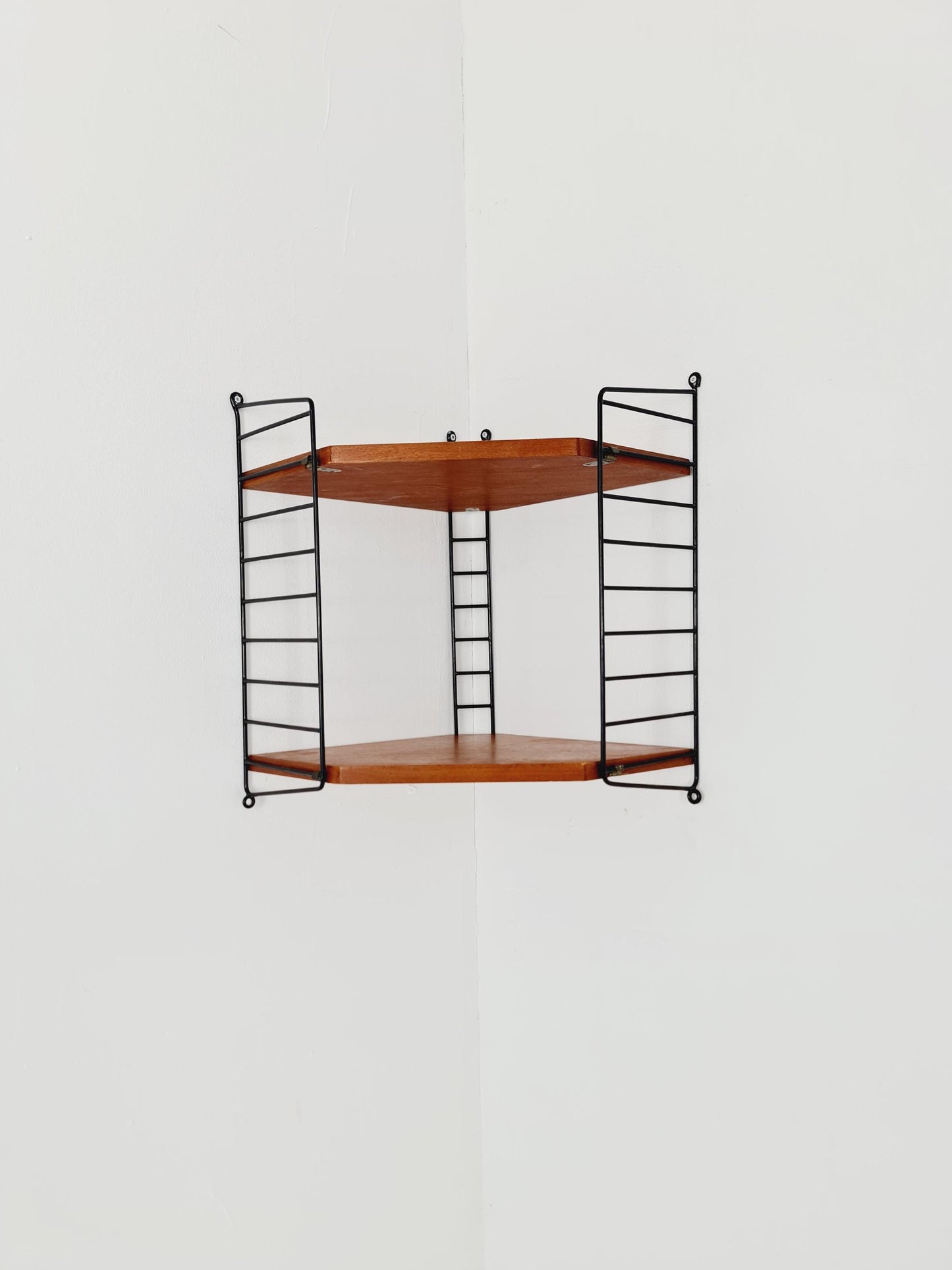 Original MCM Teak Corner shelving system - consists of Black lacquered metal ladders, from string Stockholm 1960s