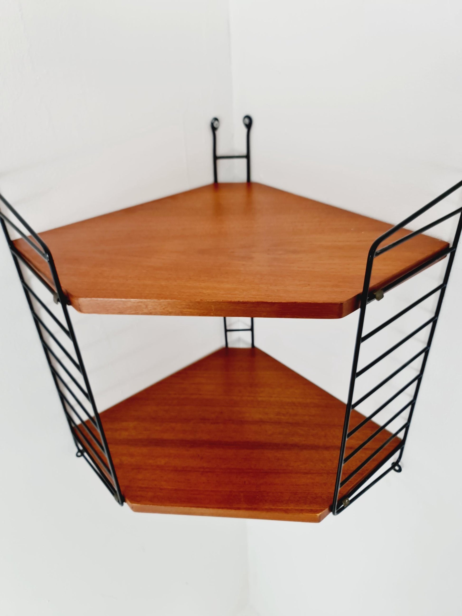 Original MCM Teak Corner shelving system - consists of Black lacquered metal ladders, from string Stockholm 1960s