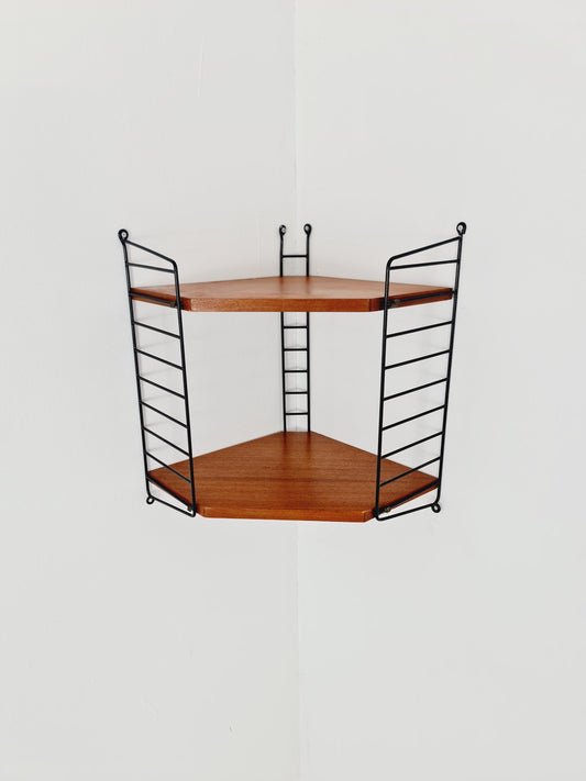 Original MCM Teak Corner shelving system - consists of Black lacquered metal ladders, from string Stockholm 1960s