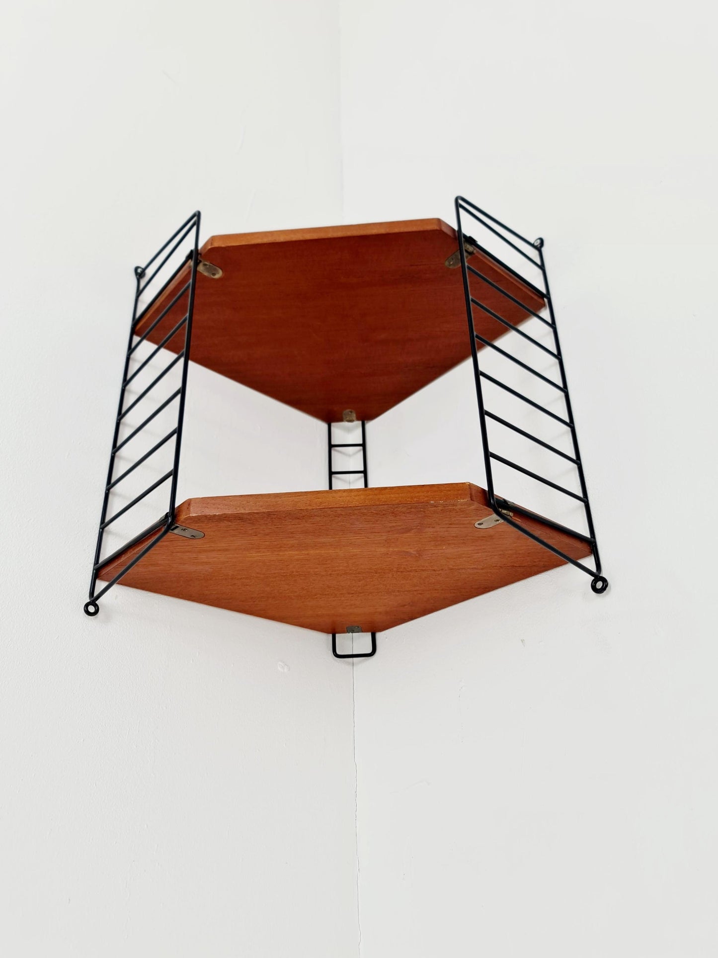 Original MCM Teak Corner shelving system - consists of Black lacquered metal ladders, from string Stockholm 1960s