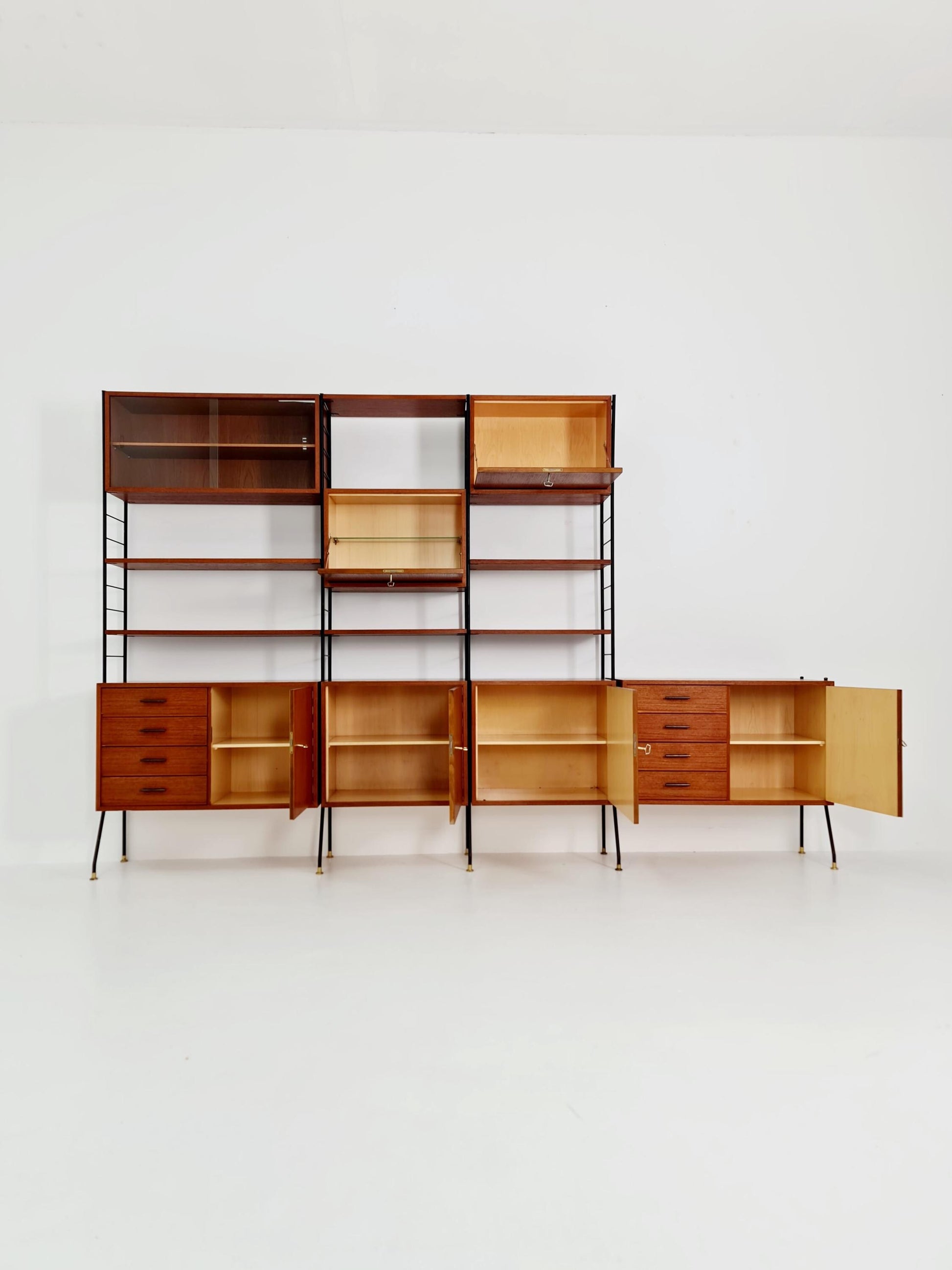 Freestanding string shelf-system unit bookcase teak & metal by Silverschild Germany, 1950s