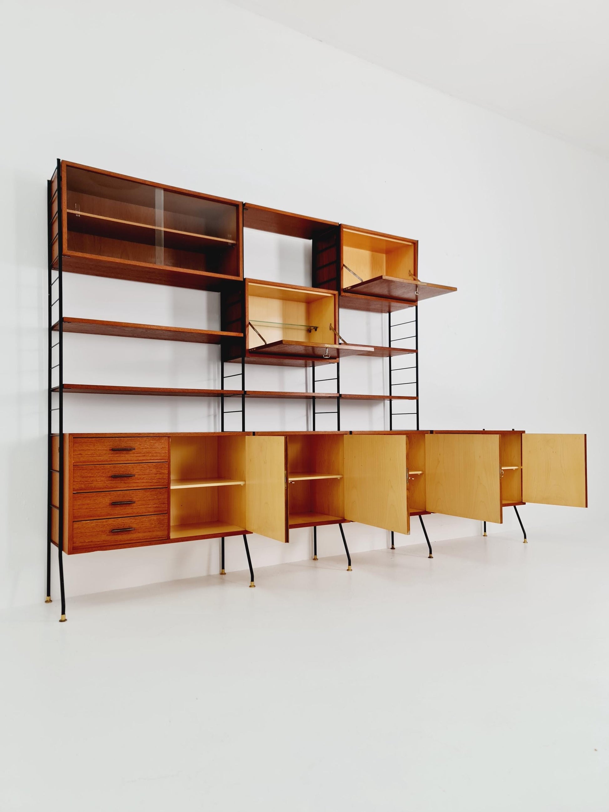 Freestanding string shelf-system unit bookcase teak & metal by Silverschild Germany, 1950s