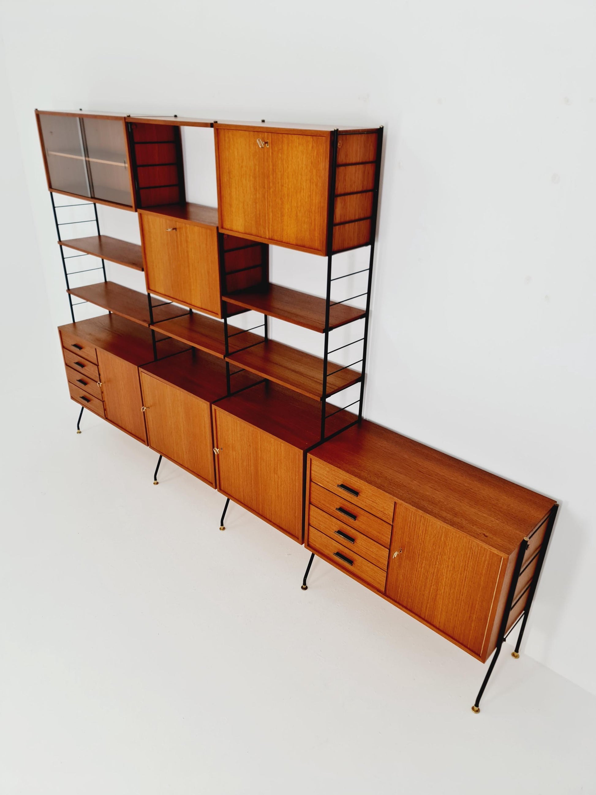 Freestanding string shelf-system unit bookcase teak & metal by Silverschild Germany, 1950s