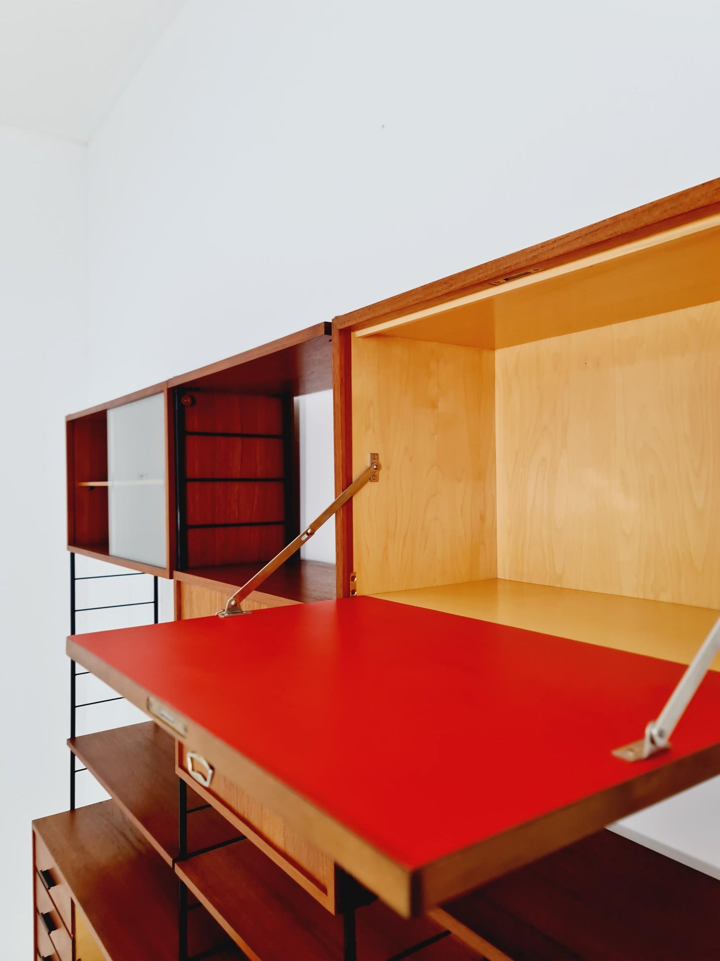 Freestanding string shelf-system unit bookcase teak & metal by Silverschild Germany, 1950s