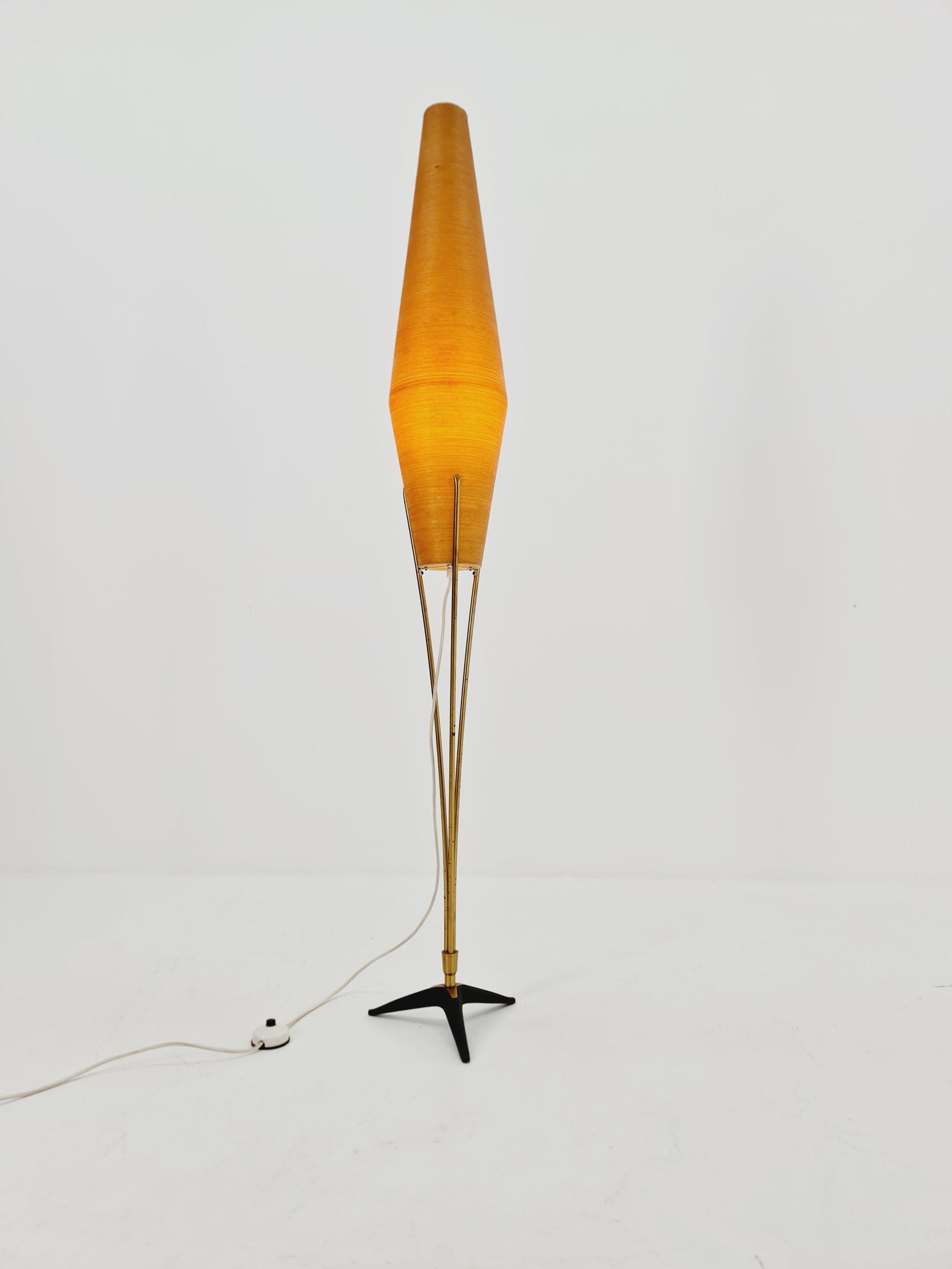 Mid century German tripod floor lamp in Brass and cocoon shade By Klingele for Artimeta 1957s