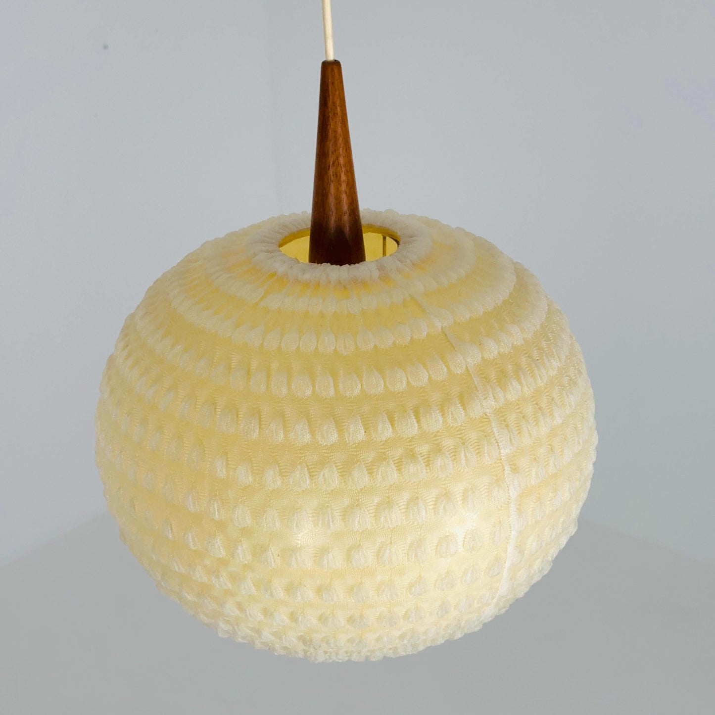 Mid century Teak Ball Ceiling Lamp with Fabric Shade by Temde, Switzerland, 1960s