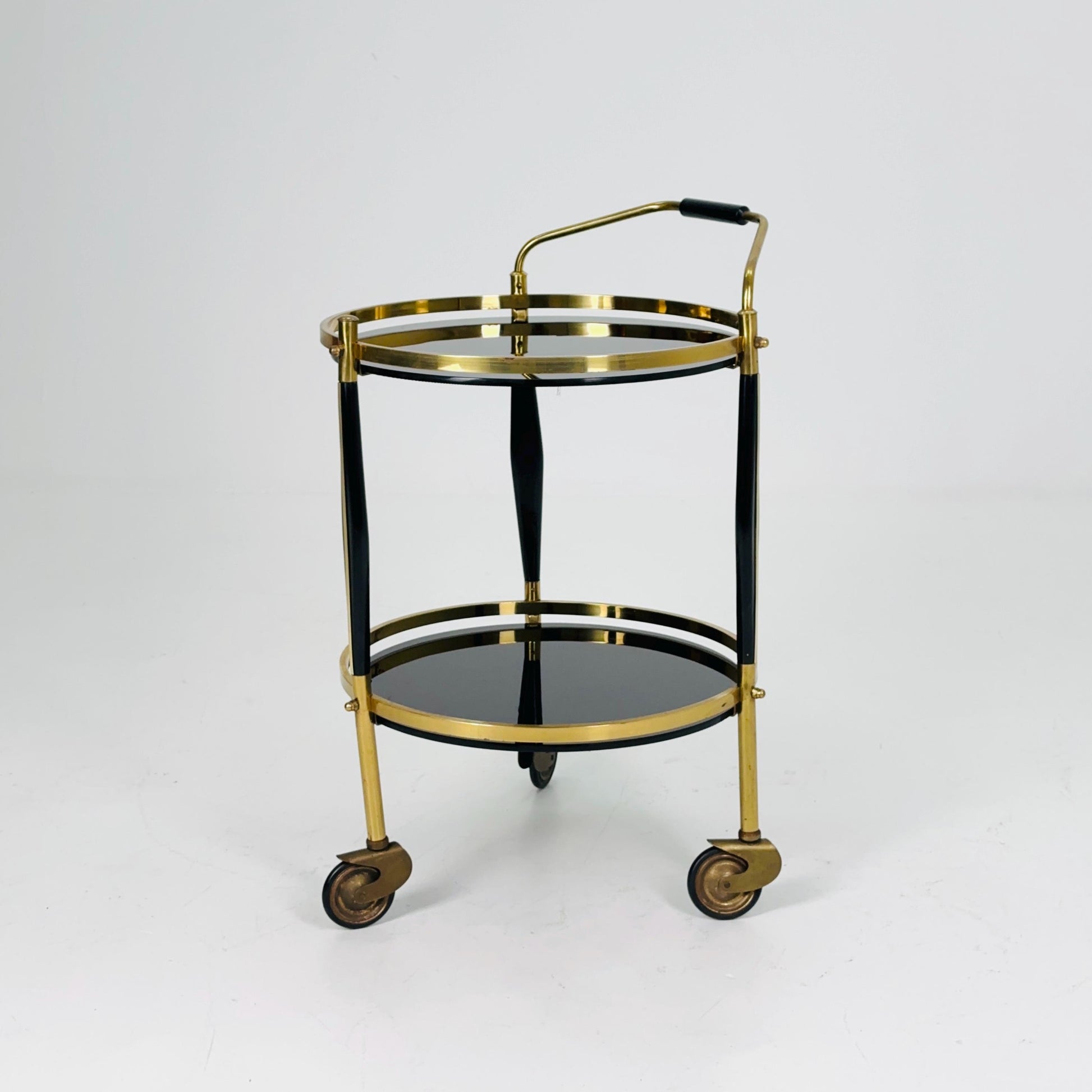 Mid-Century Brass & Black Glass Round Trolley — Germany, 1970s | Elegant Vintage Bar Cart