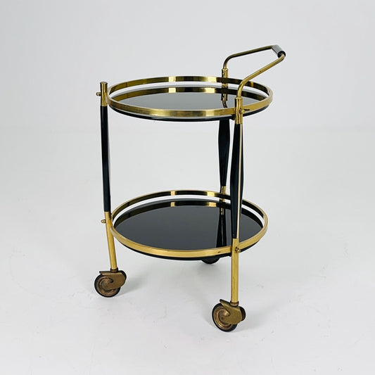Mid-Century Brass & Black Glass Round Trolley — Germany, 1970s | Elegant Vintage Bar Cart
