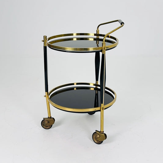 Mid-Century Brass & Black Glass Round Trolley — Germany, 1970s | Elegant Vintage Bar Cart