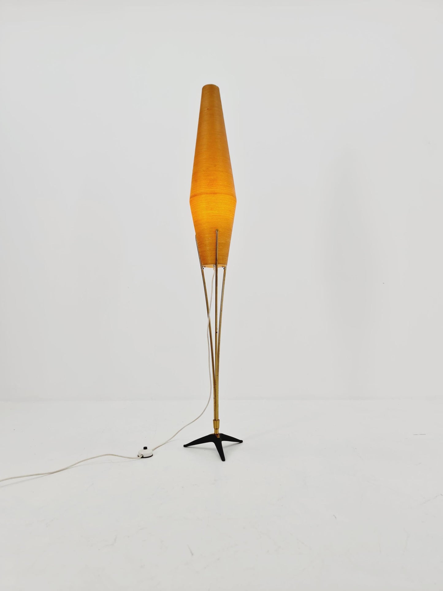 Mid century German tripod floor lamp in Brass and cocoon shade By Klingele for Artimeta 1957s