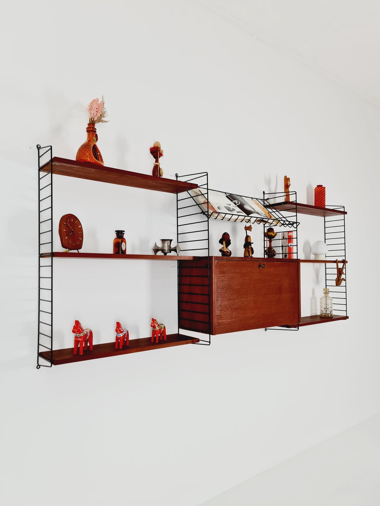 Wall-mounted original Swedish string shelf-system, drawers, bookcase teak by Nils & Kajsa Strinning, 1960s