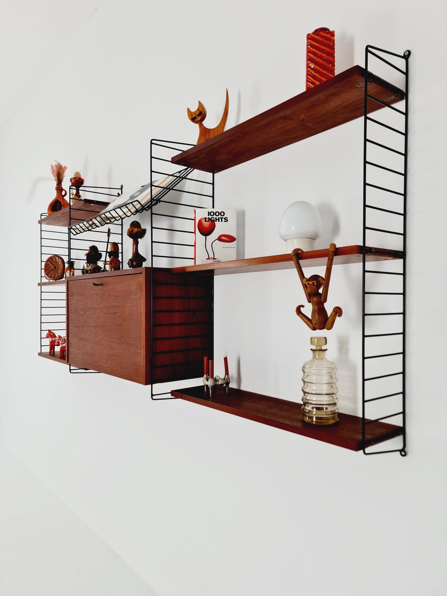Wall-mounted original Swedish string shelf-system, drawers, bookcase teak by Nils & Kajsa Strinning, 1960s