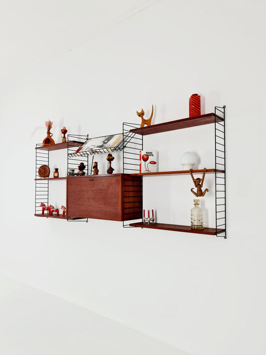 Wall-mounted original Swedish string shelf-system, drawers, bookcase teak by Nils & Kajsa Strinning, 1960s