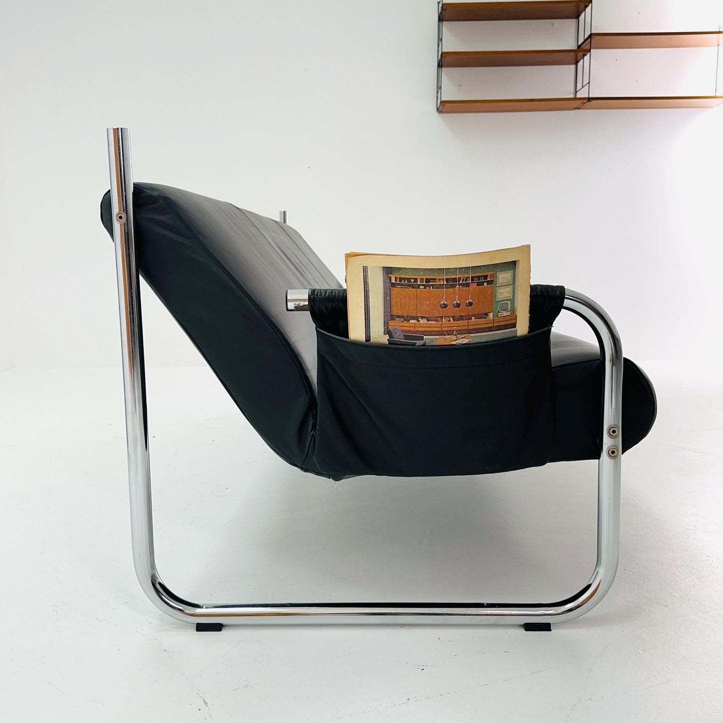 Mid Century Bauhaus Sofa — Italian Design, Black Faux Leather & Chrome, 1980s