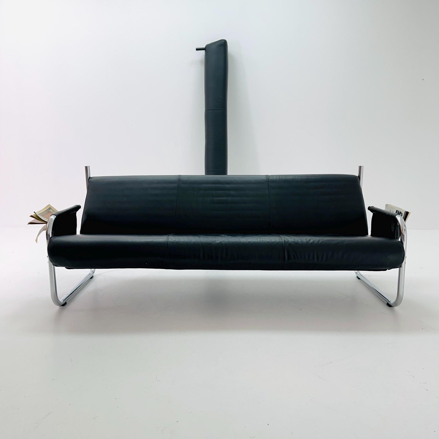 Mid Century Bauhaus Sofa — Italian Design, Black Faux Leather & Chrome, 1980s