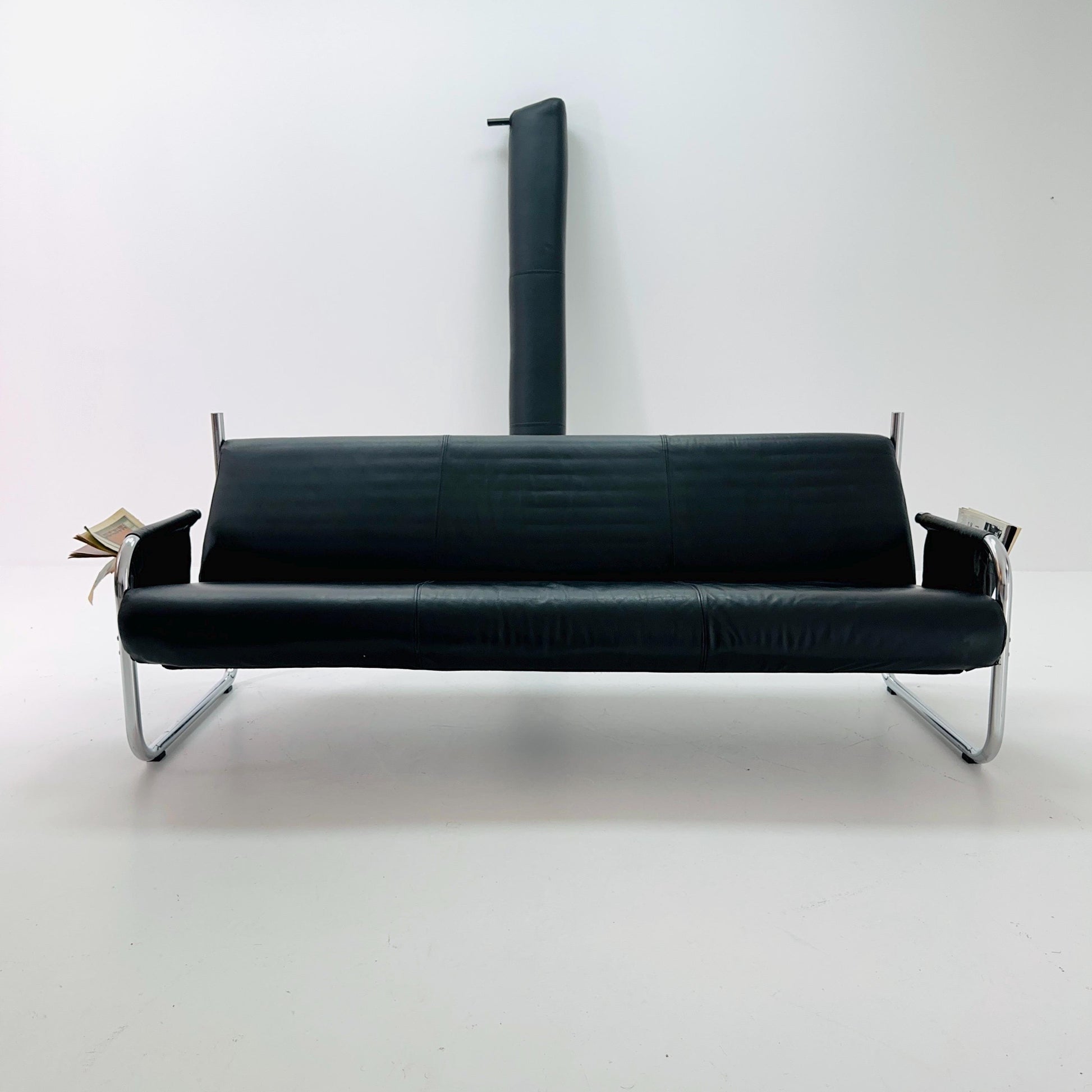 Mid Century Bauhaus Sofa — Italian Design, Black Faux Leather & Chrome, 1980s