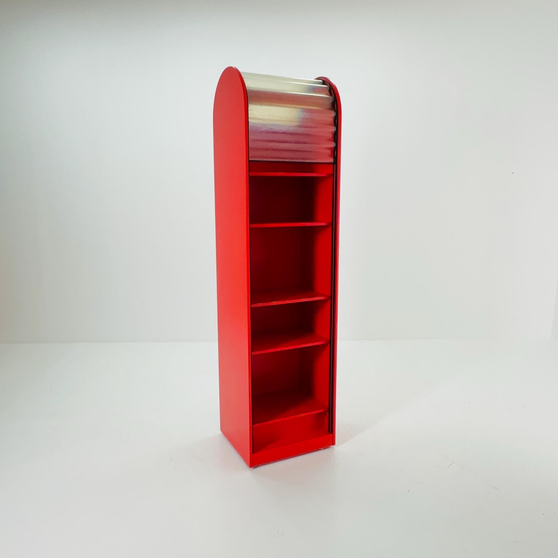 Rare Klaus Vogt Cabinet for Thut Möbel — Swiss Minimalist Space Age Design — Red Plywood Storage Cabinet with Scobalit Roller Door 1970s