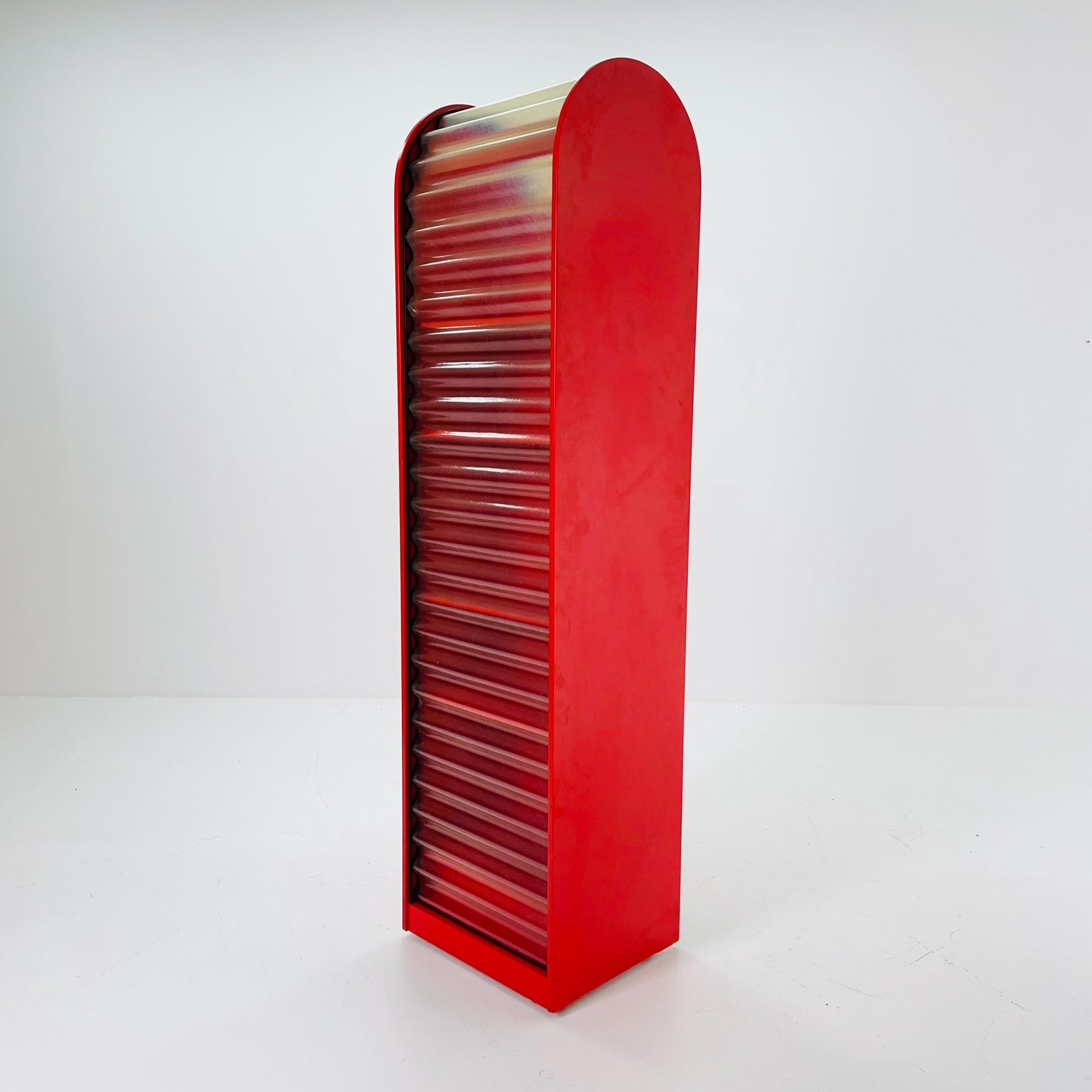 Rare Klaus Vogt Cabinet for Thut Möbel — Swiss Minimalist Space Age Design — Red Plywood Storage Cabinet with Scobalit Roller Door 1970s