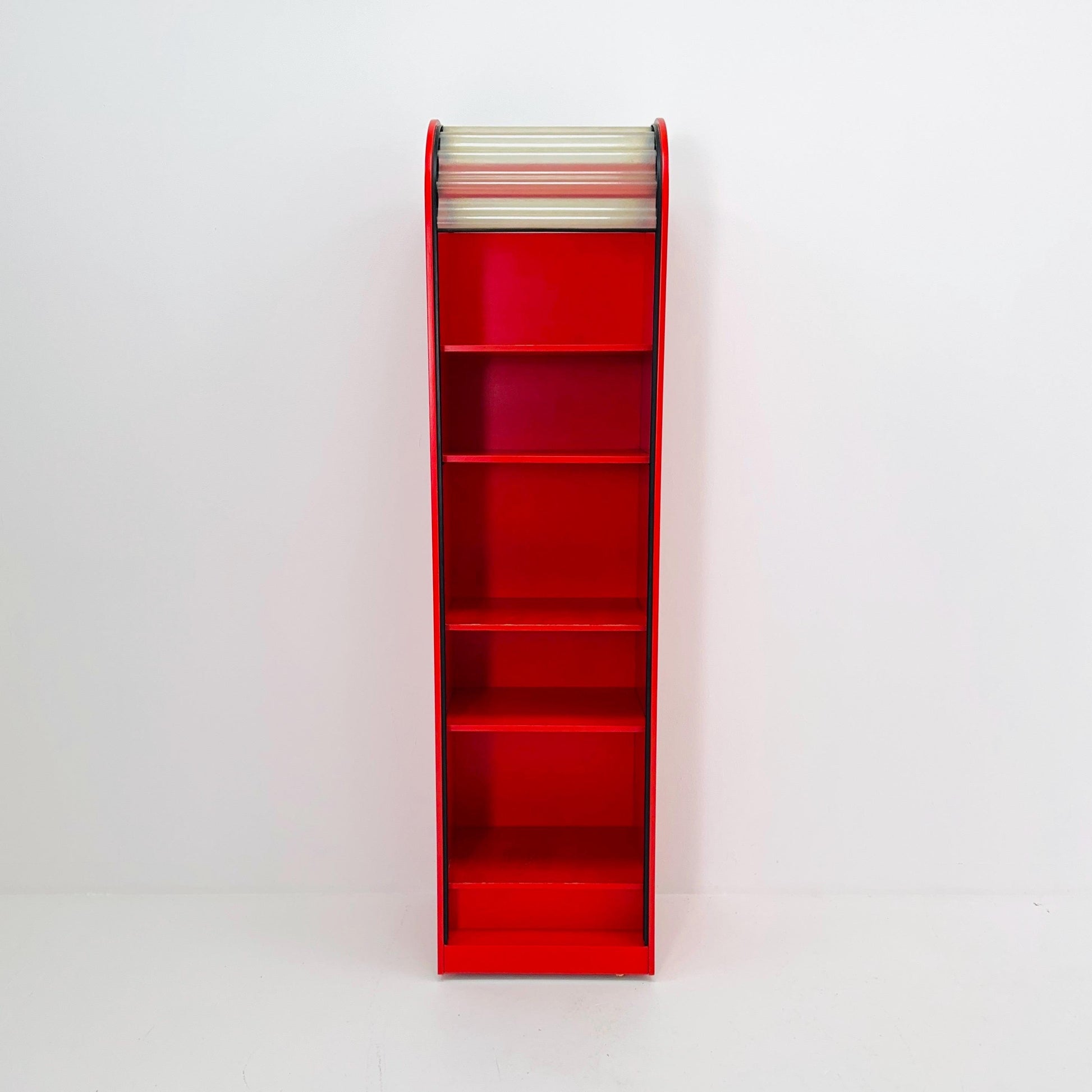 Rare Klaus Vogt Cabinet for Thut Möbel — Swiss Minimalist Space Age Design — Red Plywood Storage Cabinet with Scobalit Roller Door 1970s