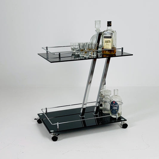 Mid century Italian Bar Cart – Black Glass & Chrome Serving Trolly, 1970s