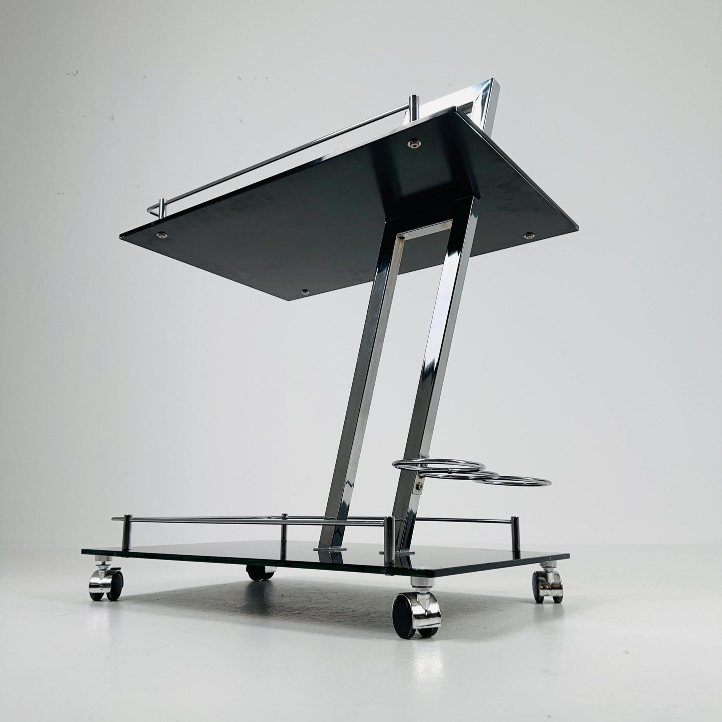 Mid century Italian Bar Cart – Black Glass & Chrome Serving Trolly, 1970s