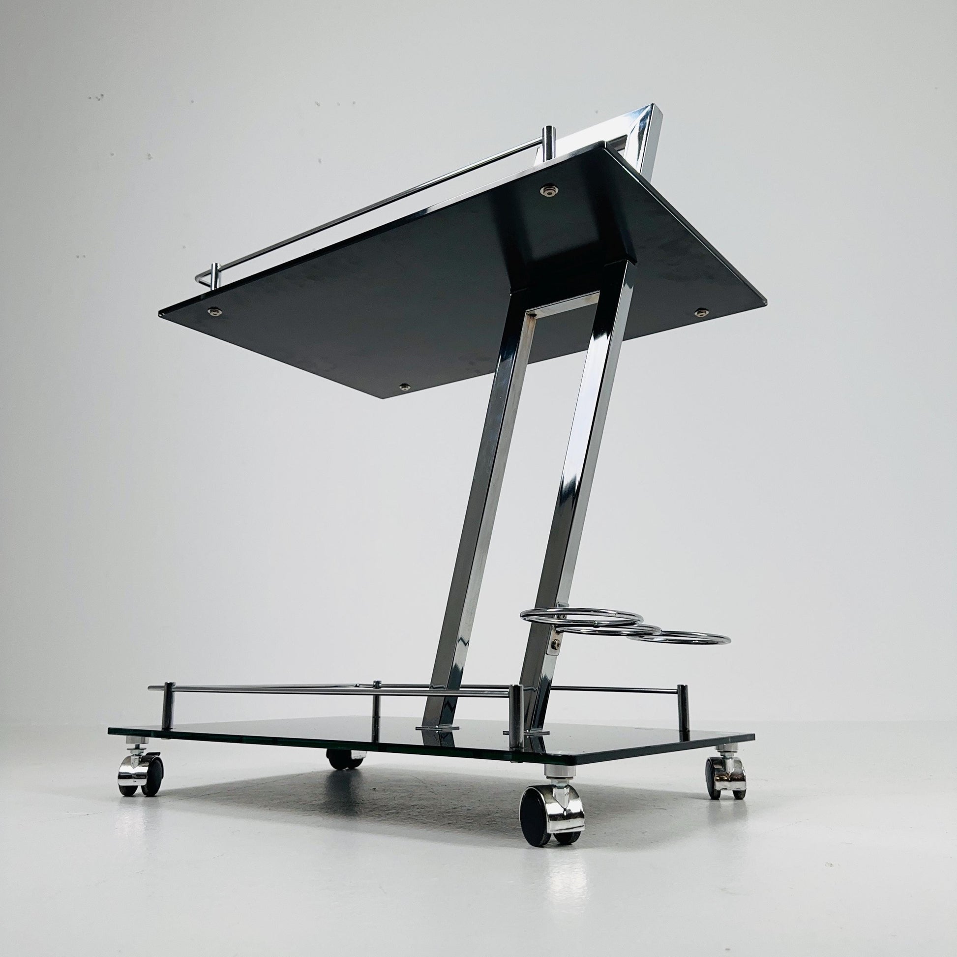 Mid century Italian Bar Cart – Black Glass & Chrome Serving Trolly, 1970s