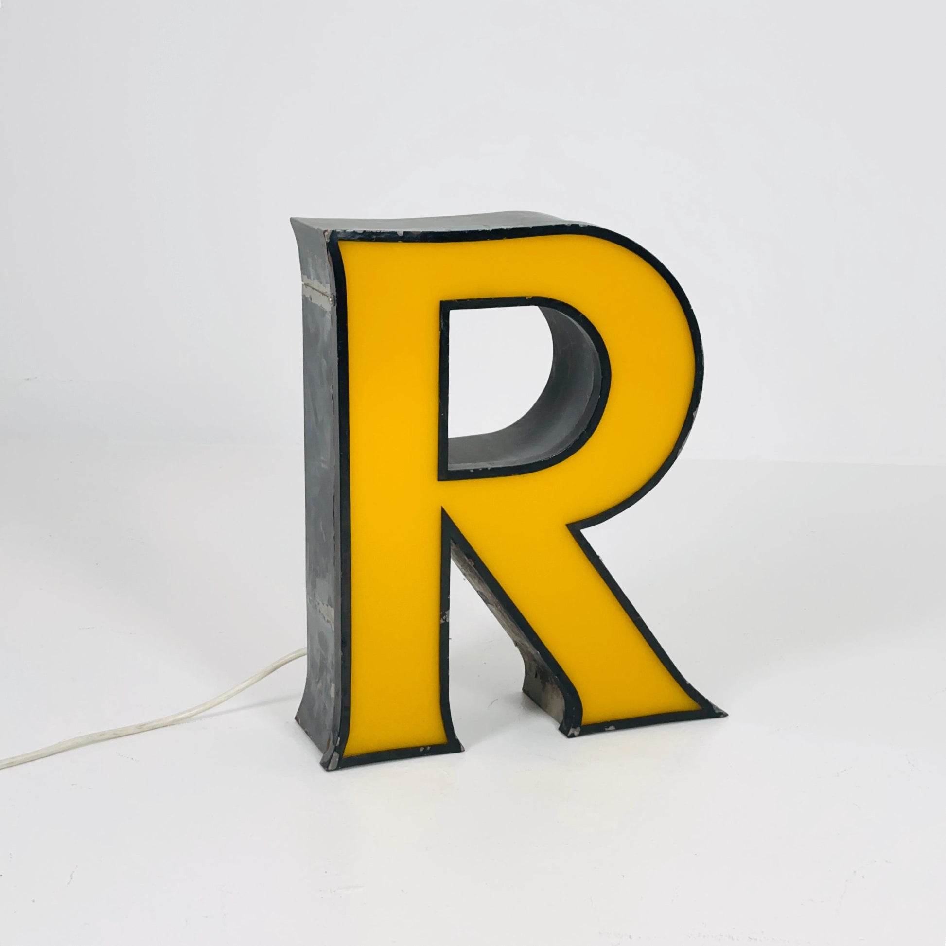Mid century Large Illuminated Letter “R” – Yellow Plexiglass & Metal Sign Germany 1980s