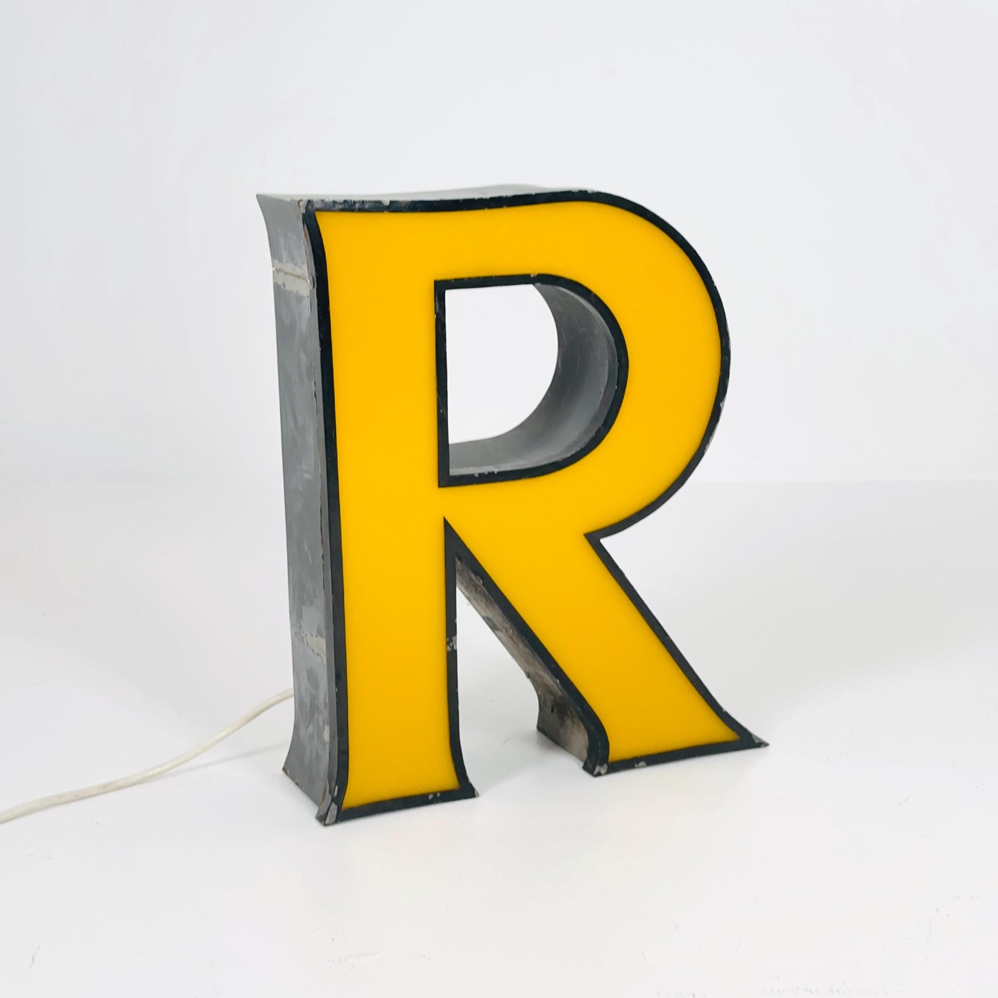 Mid century Large Illuminated Letter “R” – Yellow Plexiglass & Metal Sign Germany 1980s