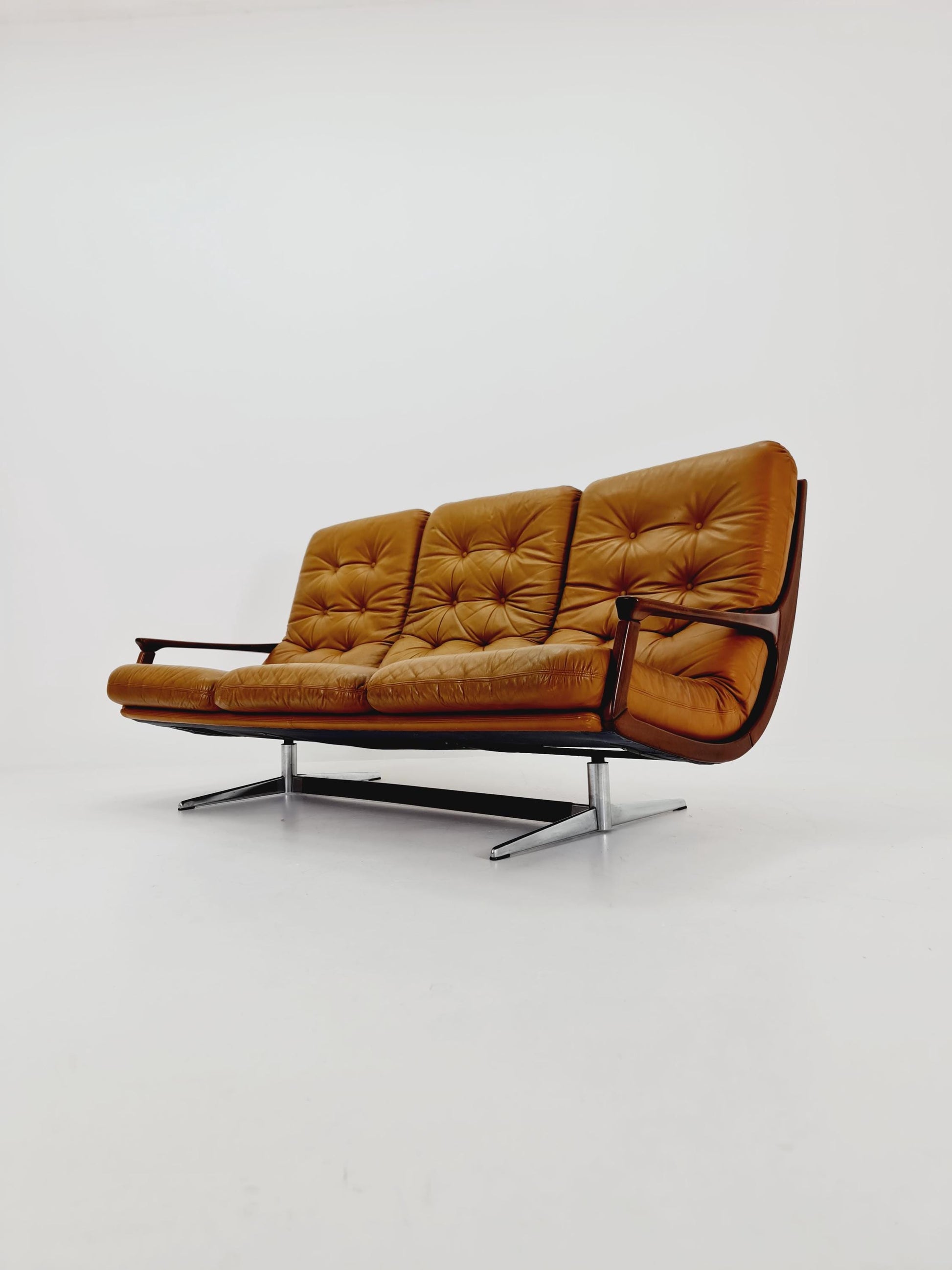 Rare Mid-century Rare German walnut & Leather lounge sofa 3 -Seater ,By Eugen Schmidt for soloform 1960s