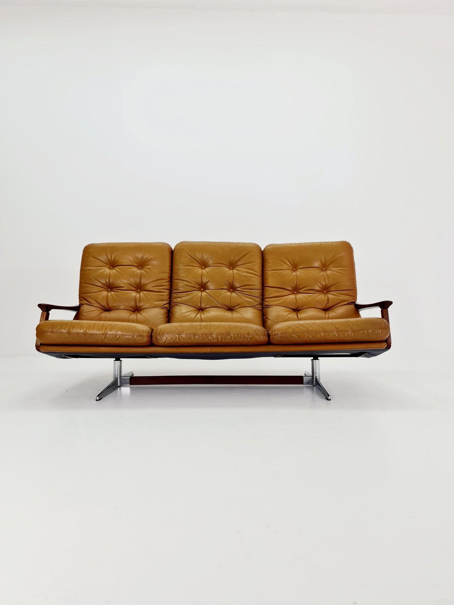 Rare Mid-century Rare German walnut & Leather lounge sofa 3 -Seater ,By Eugen Schmidt for soloform 1960s