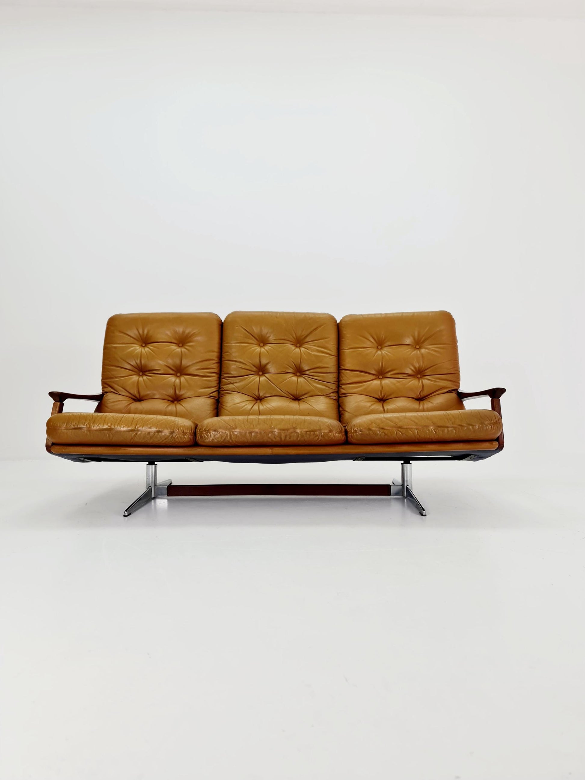 Rare Mid-century Rare German walnut & Leather lounge sofa 3 -Seater ,By Eugen Schmidt for soloform 1960s