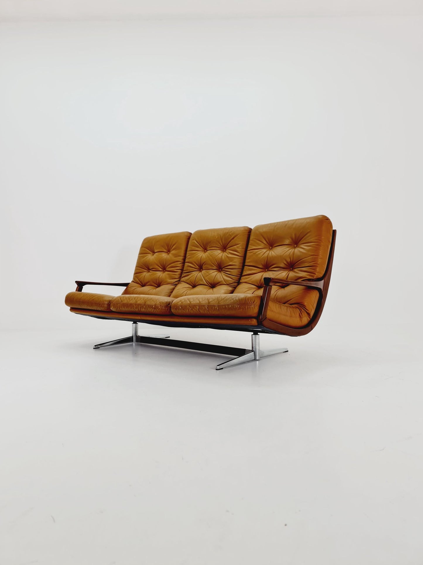 Rare Mid-century Rare German walnut & Leather lounge sofa 3 -Seater ,By Eugen Schmidt for soloform 1960s