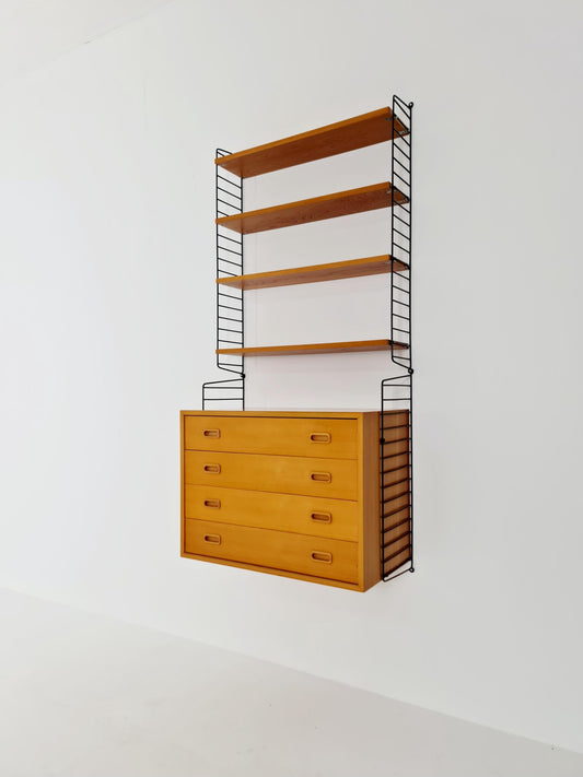 Wall-mounted original Swedish string shelf-system, drawers, bookcase Ash wood by Nils & Kajsa Strinning, 1960s
